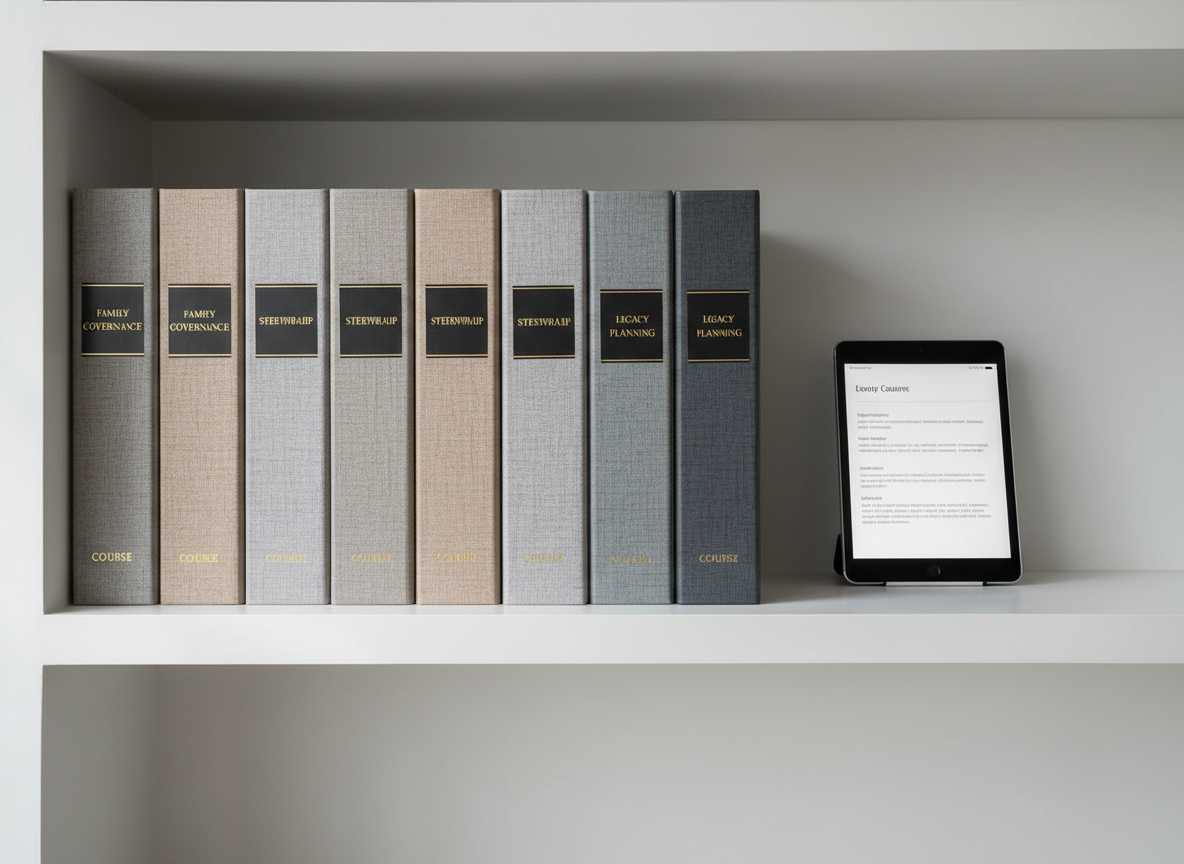 An arrangement of meticulously organized course binders labeled with gold-embossed titles like “Family Governance,” “Stewardship,” and “Legacy Planning,” standing upright on a matte white shelf. Each binder is wrapped in textured linen in shades of stone, taupe, and slate. Beside them, a slim, silver tablet rests on a narrow shelf ledge displaying a minimalist course outline. Diffused daylight from an unseen window washes the scene in a soft glow, producing understated shadows that emphasize the textures. Shot straight-on with sharp focus throughout, the balanced, symmetrical composition conveys structure, academic credibility, and long-term planning, with a calm, corporate photographic realism and a refined, orderly atmosphere.