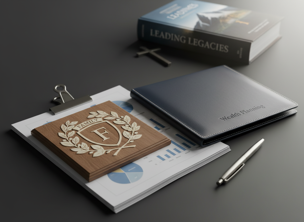 A dignified still life of intergenerational wealth planning symbols on a dark charcoal tabletop: a finely crafted wooden family crest plaque, a closed, navy leather portfolio with subtle stitching, a stack of neatly arranged financial reports clipped with a brushed metal binder, and a slim silver pen aligned alongside. In the background, out of focus, rests an open, softly lit hardcover book on leadership and a discreet, metal desk cross. A single directional overhead light casts controlled, soft shadows and gentle highlights along edges, giving depth and gravitas. Shot from a slightly elevated three-quarter angle with a shallow depth of field, the mood is contemplative, principled, and aspirational, presented in clean, modern photographic realism.