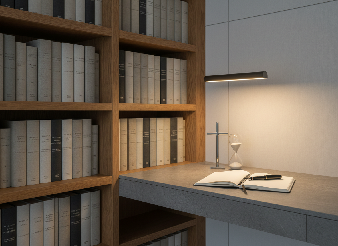 An elegant home office corner dedicated to reflective study, featuring a built-in oak bookshelf with evenly spaced shelves holding curated volumes on theology, leadership, and family enterprise, all in neutral, coordinated dust jackets. On a nearby floating shelf rests a small, minimalist metal cross and a sand-filled hourglass. A slim, open notebook lies on a stone-gray writing surface with a fine black fountain pen placed precisely across the page. Warm, indirect lamplight from an off-frame desk lamp creates a gentle pool of illumination, leaving the surroundings in soft shadow. Captured at eye level with balanced composition and sharp detail, the scene feels contemplative, disciplined, and faith-forward, matching a clean, corporate, photographic aesthetic.
