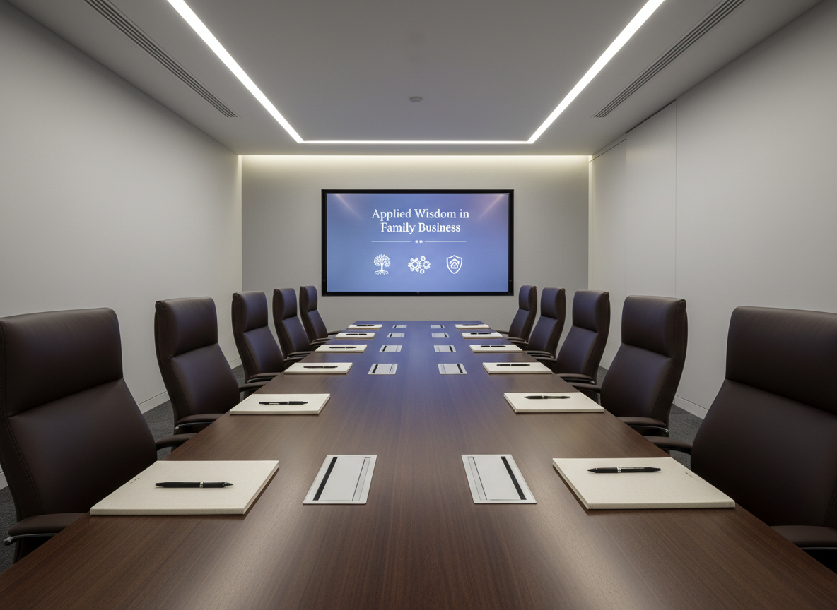 A spacious, contemporary seminar room without students, featuring a long, dark-wood conference table set with evenly spaced notebooks, fine-point pens, and slim tablets in front of each high-back leather chair. At the front, a large wall-mounted display shows a clean slide titled “Applied Wisdom in Family Business” over a muted gradient background, accompanied by understated icons. Indirect ceiling lights and a concealed LED wall wash create soft, even illumination with minimal glare, accentuating the clean lines of the furniture. Captured from the back of the room at a low eye-level perspective, the image uses leading lines of the table toward the screen, evoking a focused, anticipatory, and professional atmosphere in a realistic corporate style.