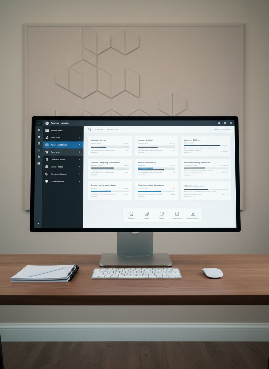 A modern digital learning dashboard displayed on an ultra-thin widescreen monitor atop a brushed steel stand, set on a tidy walnut workstation with a wireless keyboard, notebook, and pen aligned in a precise grid. The on-screen interface shows organized course modules, progress bars, and elegant icons in muted blues and grays. Behind the workstation, a neutral-toned wall features a subtle geometric acoustic panel. Soft, cool studio lighting illuminates the scene evenly, creating gentle reflections on the monitor’s glass and a faint shadow behind the stand. Captured from a slightly elevated angle using the rule of thirds, the composition emphasizes clarity, structure, and a high-tech, high-touch educational model in a professional, photographic style.